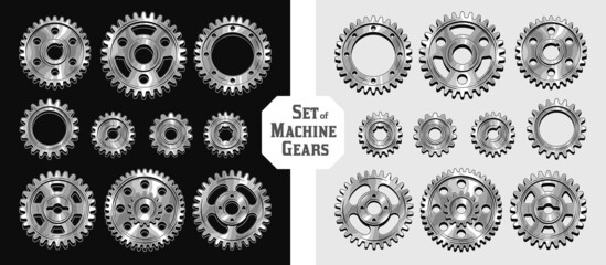 Set of machine silver steel polished gears in vintage style. Good for decoration in steampunk style. Vector.