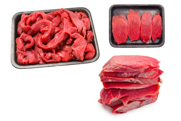 Raw veal slices in container isolated on white background.