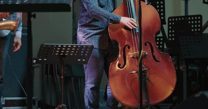 Caucasian man at a concert plays jazz and blues on a contrabass without a bow. Live, musical performance and virtuosity of playing double bass, musical instrument
