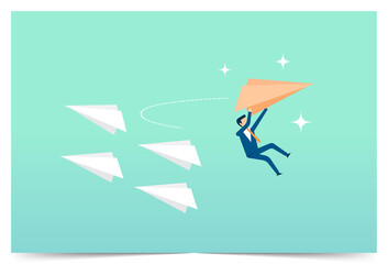Paper plane go to success goal, airplanes teamwork flying, business start up, leadership, creative idea, different Approach