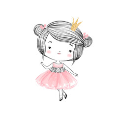 Lovely princess girl in hand drawn style and airy pink watercolor dress. Concept doodle character of a romantic but mysterious nature