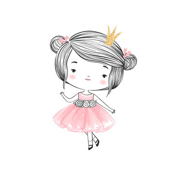 Lovely princess girl in hand drawn style and airy pink watercolor dress. Concept doodle character of a romantic but mysterious nature