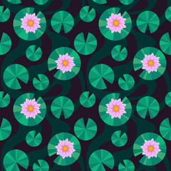 seamless pattern with water lilies. floral print with lotuses. vector illustration. geometric ornament. pink flowers on a dark green background. - obrazy, fototapety, plakaty