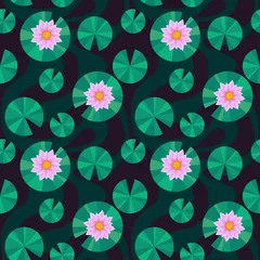 Foto op Canvas seamless pattern with water lilies. floral print with lotuses. vector illustration. geometric ornament. pink flowers on a dark green background. © Anita100