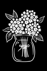 lilac bush. a bouquet of flowers standing in a glass vase. linear hand drawing . white drawing on a black background. small white flowers. vector illustration