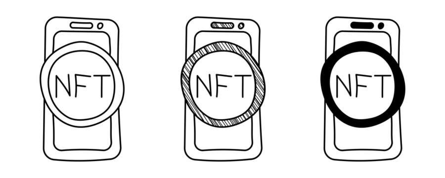Set of hand drawn vector phones with NFT in doodle cartoon style