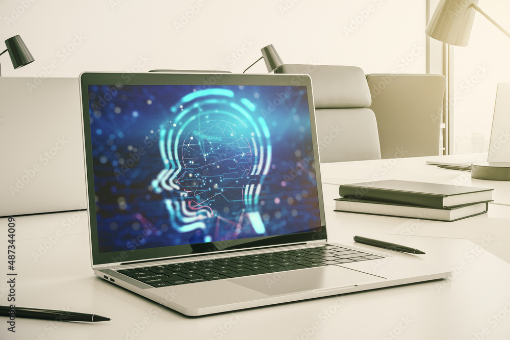 Poster creative artificial intelligence concept with human head sketch on modern computer monitor. 3d rende