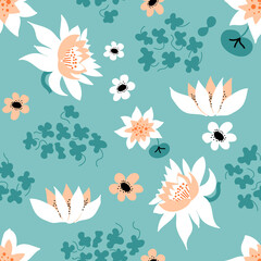 Water lilies, duckweed and abstract flowers. Floral seamless pattern. Vector background. Perfect for printing on the fabric, design package and cover