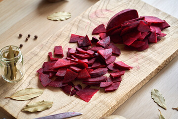 Sliced beetroot with garlic and spices - ingredients to prepare beet kvass