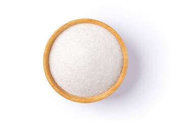 Monosodium glutamate (MSG) in wooden bowl isolated on white background. Top view.