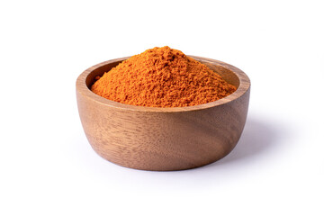 turmeric (curcumin, Curcuma longa Linn) powder in wooden bowl isolated on white background.