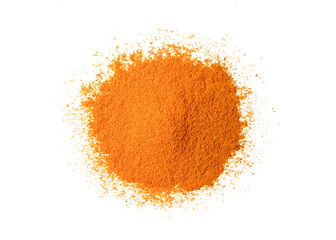 Pile of turmeric powder (curcumin, Curcuma longa Linn) isolated on white background. Top view. Flat lay.