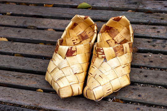 Antique traditional Russian shoes made of birch bark