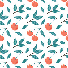 Cherry Seamless Pattern. Ripe Berries background. Hand Drawn fruit ornament for wallpaper, textile, wrapping paper, menu, food package design and decoration..