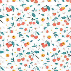 Cherry Berry Seamless Pattern. Hand Drawn fruit background. Sweet cherries ornament for wallpaper, textile, wrapping paper, menu, food package design and decoration.