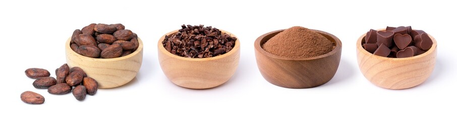 Set of cocoa beans, cocoa nibs and chocolate powder in wooden bowl isolated on white background.