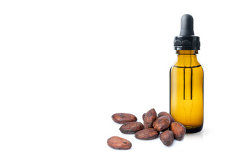 Cocoa oil in brown glass dropper bottle isolated on white background