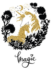 Golden unicorn with foal silhouette with magic plants vector