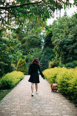 The back of a woman in stylish clothes walks a cute little dog on a leash in the park, vertical.