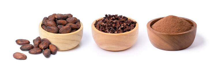 Collection of cocoa beans, cocoa nibs and chocolate powder in wooden bowl isolated on white background.