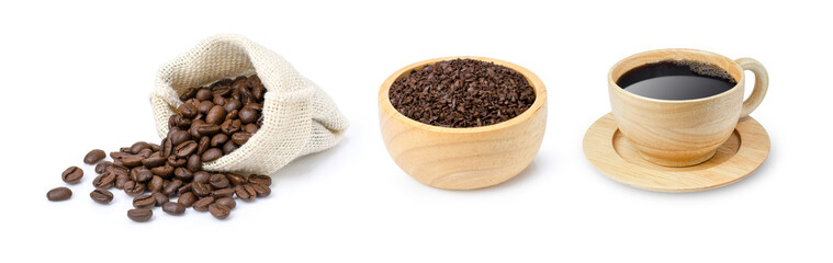 Roasted coffee beans, coffee powder (ground coffe) in wooden bowl and wooden cup of hot black coffee isolated on white background.