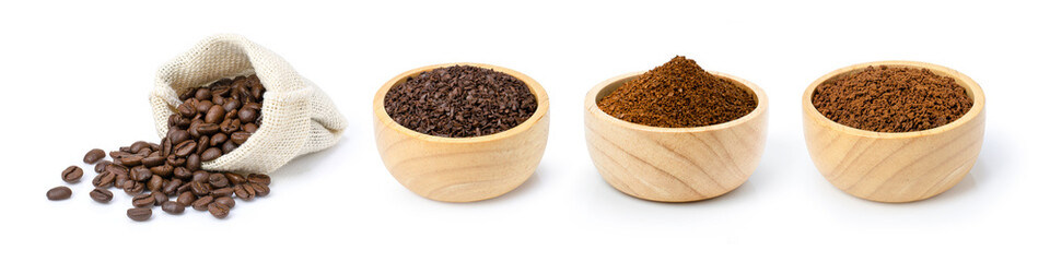 Roasted coffee beans in sack bag and coffee powder (ground coffe) in wooden bowl isolated on white background. 