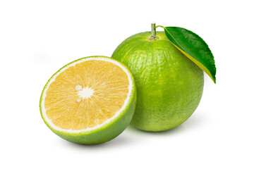 
Aurantium citrus (Bitter orange or Seville orange) with cut in half sliced and green leaf isolated on white background.