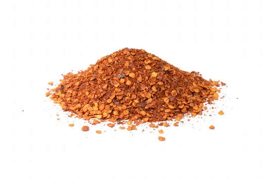 Pile of dry red chili pepper powder (chilli) isolated on white background. 