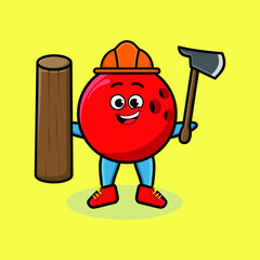 Cute cartoon bowling ball as carpenter character with ax and wood in 3d modern style design