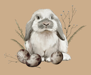 animal and nature sketch cute little fluffy rabbit among field plants and quail eggs digital drawing 1