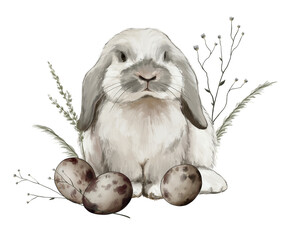 animal and nature sketch cute little fluffy rabbit among field plants and quail eggs digital drawing 2