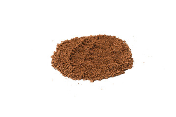 Makeup cosmetics. Eyeshadow in brown color crushed palette, colorful eye shadow powder on white background