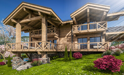 3d rendering of modern cozy chalet with pool and parking for sale or rent. Beautiful forest mountains on background. Fresh spring day with a blooming trees with flowers of sakura on background.