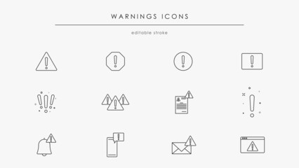 Warning related icons set. Exclamation Mark, Alert, and warning vector icon. Caution and danger linear black symbols. Editable stroke vector isolated on white background