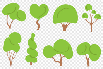 Set of trees with green leaves, flat vector cartoon illustration. Template for creating landscape summer design solutions, children's drawings.