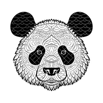 Panda bear face. Portrait of giant panda isolated on white background. Painted ethnic ornament. Chinese design. May be used for design of t-shirt, bag, postcard, poster, banner. Logo. Icon.