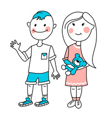 Boy and girl. Two cute kids and a teddy bear. 