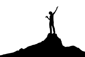 Silhouette photographer standing on top of Mountain on white background