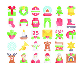 Simple set of 30 Christmas Icons in detailed flat style