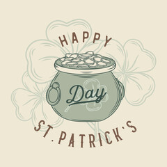 Saint Patricks Day Card with Treasure of Leprechaun, Pot Full of Golden Coins.