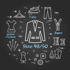 Tailoring black banner, sewing supplies for cutting and sewing, design line style vector illustration