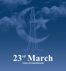 Pakistan Day Celebration Illustration, Happy Resolution Day Pakistan, 23rd March 1940 Minar e Pakistan with Moon and Star
