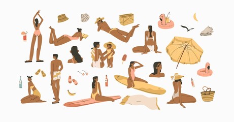 Hand drawn vector abstract stock graphic summer time cartoon,minimalistic style illustrations collection set with bohemian beautiful people sunbathes and relax on the sunset beach,minimalistic style.