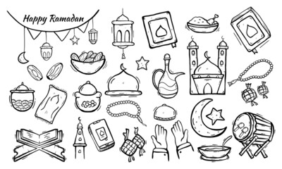 Set of Islamic doodle element related to holly Ramadan. Illustration vector graphic. Design concept Islamic symbols and icons with HandDrawn Sketch style, Perfect for holy Muslim festival Ramadan.