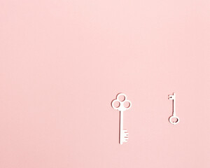 Two white keys on pastel pink background with copy space for advertisement. Unlock your true potential in solving problems. Open your mind to freedom. Minimal flat lay concept.
