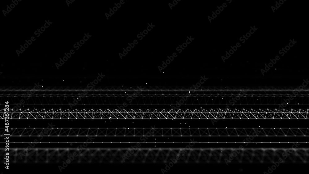 Poster dynamic flow of digital particles. network connection structure. big data visualization. 3d renderin