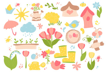 Spring and Easter doodle collection, flowers and decorations. Easter spring set with cute eggs, birds, bees, butterflies. Hand drawn vector illustration.
