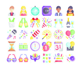 Simple set of 30 New Year icons in detailed flat style