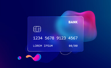 Glass morphism credit card template. Plastic rectangle of transparent plastic with blur effect. Liquid shapes morphism abstract art.