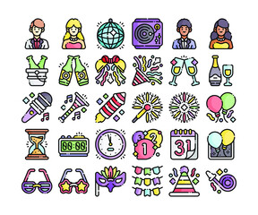 Simple set of 30 New Year icons in detailed outline color style